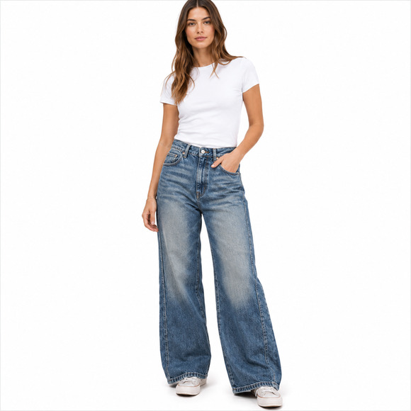 warp weft Denim - Warp + Weft Wide Leg High Rise Jeans Women's Size 2/26 Blue Denim Relaxed Fit